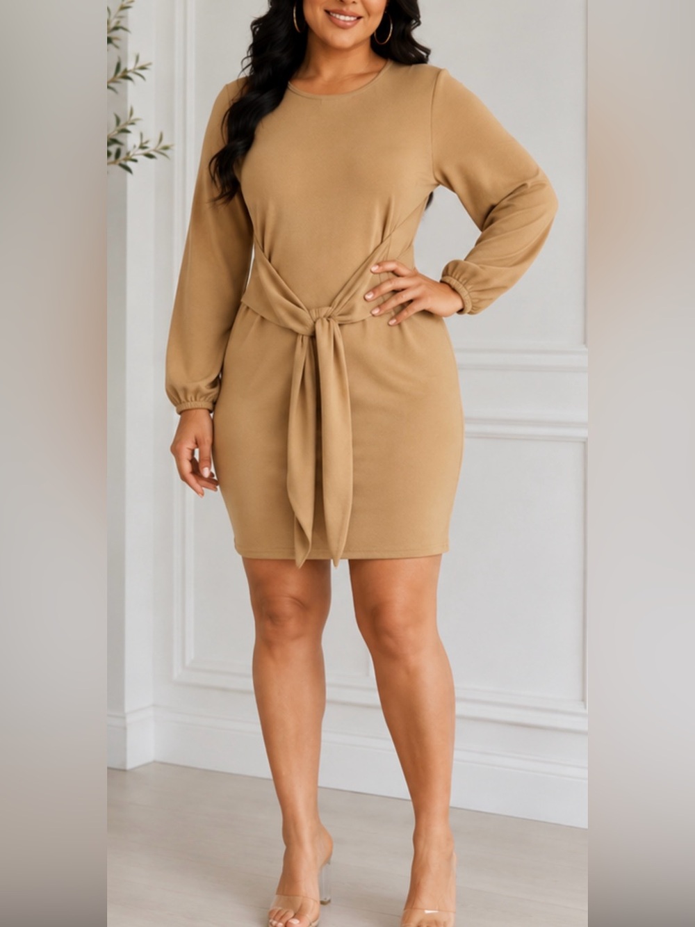 Tie-Waist Long Sleeve Bodycon Tan Color Dress  L